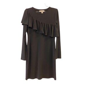 Michael Kors Women Shift Dress Black Stretch Crew Neck Long Sleeve Ruffle Medium